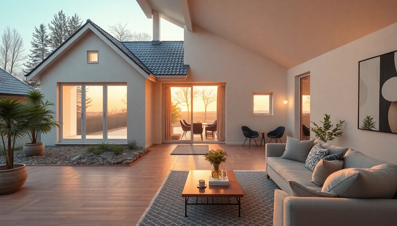 Modernes Einfamilienhaus mit warmem Licht, Terrakotta-Akzente, einladend